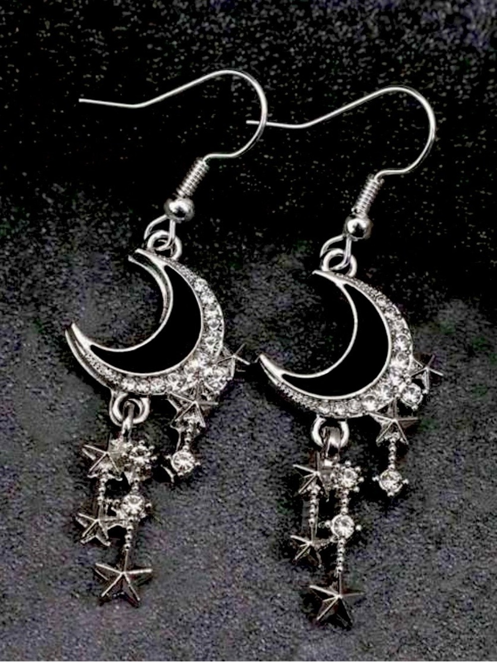 “Stars From the Moon” Black Sliver Crescent Dangling Stellar Celestial Earrings